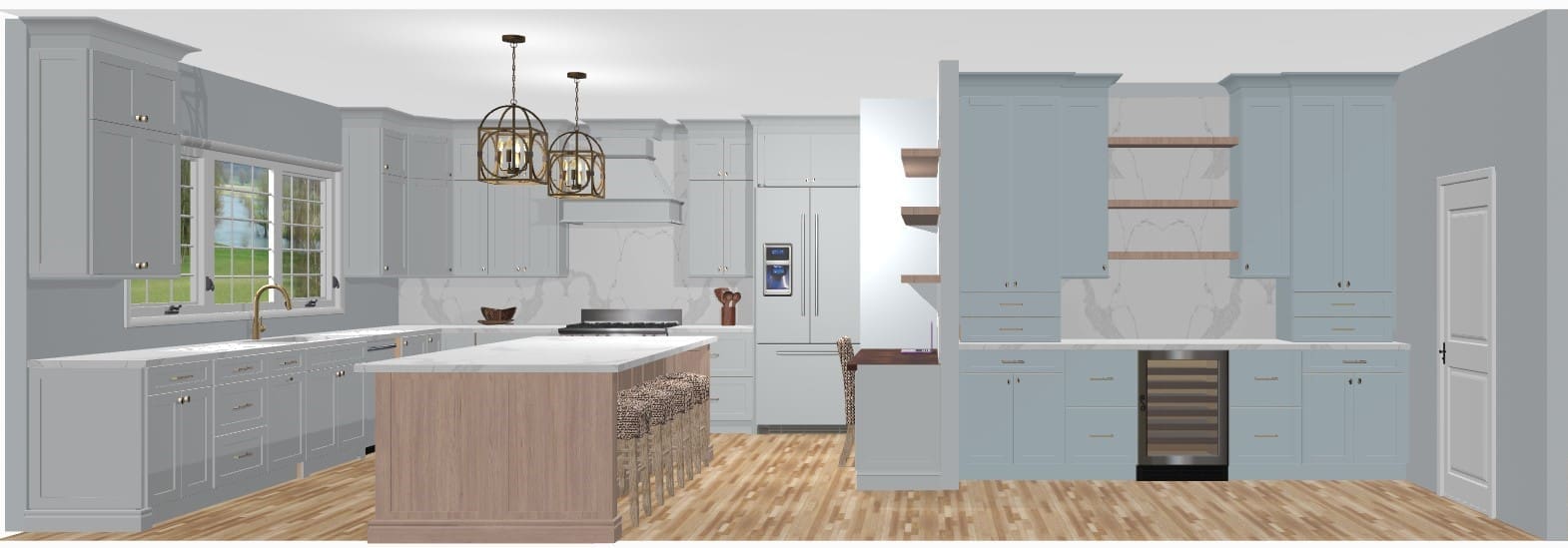 A kitchen with white cabinets and wood floors.